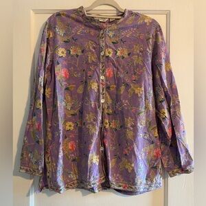 Orvis Floral Button Up Long Sleeve Blouse Purple Size Medium